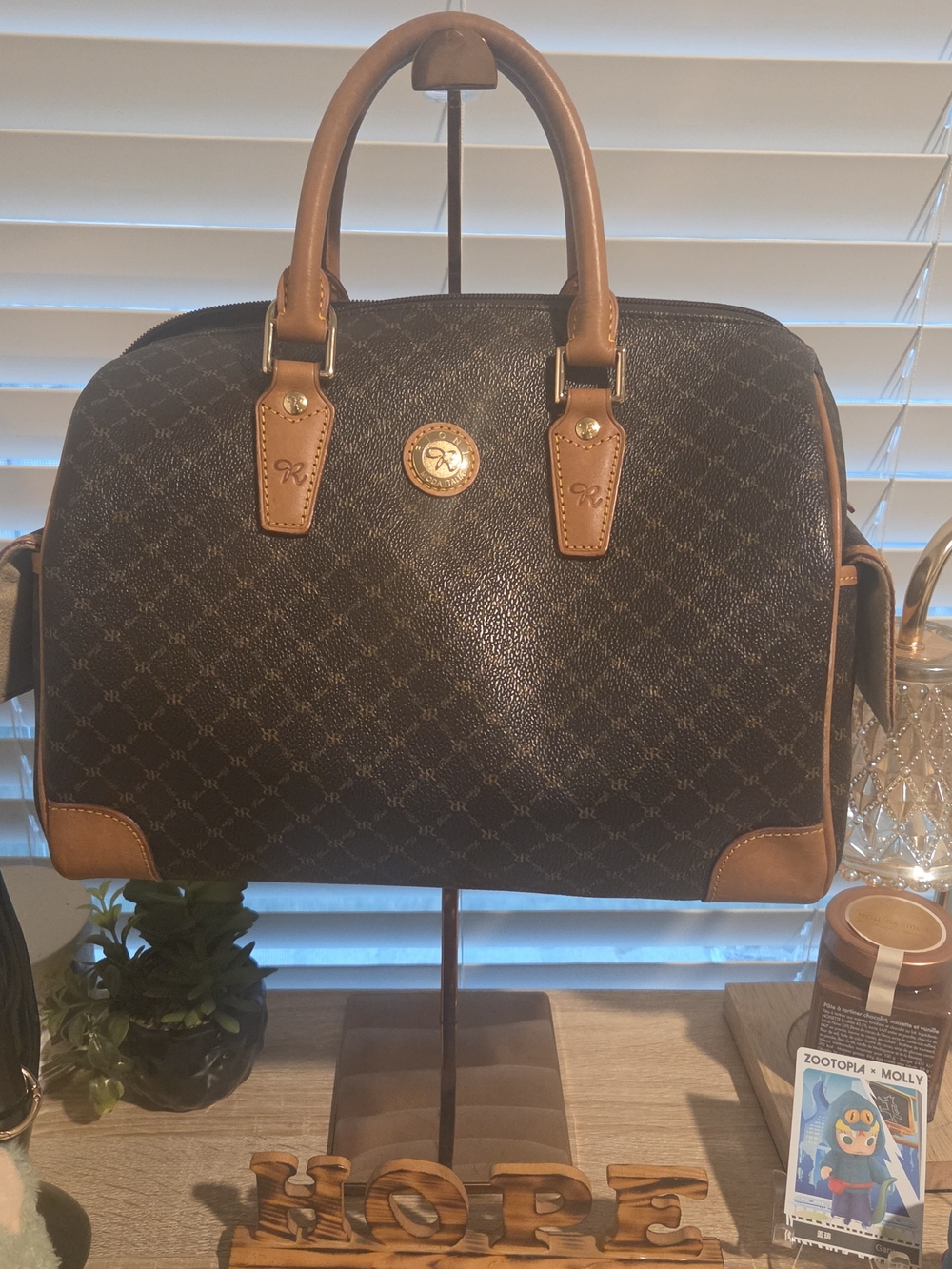 RIONI Brown Monogram Satchel Handbag with Tan Trim